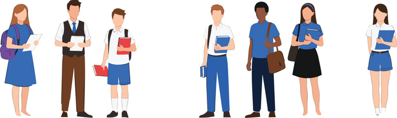 Fototapeta premium Students and Teachers Standing with Books and Backpacks Character Set for Education, School Life, Learning, Diversity, and Academic Illustration Design