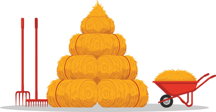 Hay Bale Farming Illustration with Stacked Straw, Pitchfork, Rake, and Wheelbarrow for Agriculture, Harvest, Barn, and Rural Farm Design