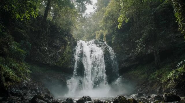 A majestic waterfall cascades into a misty pool, surrounded by lush green forest