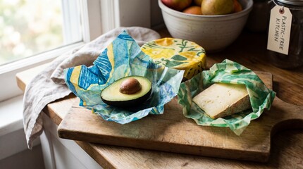 Reusable Beeswax Food Wraps with Avocado and Cheese on a Wooden Cutting Board