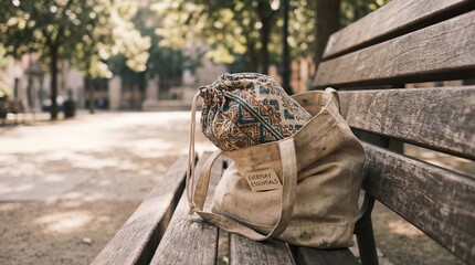 Rustic Canvas Tote Bag with Patterned Pouch Resting on a Park Bench
