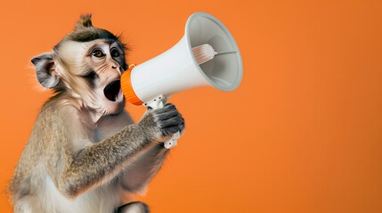 Fototapeta premium A monkey excitedly speaks into a large megaphone