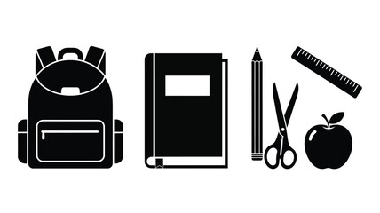 Back to school supplies icons in a clean black silhouette © MSTMARIA