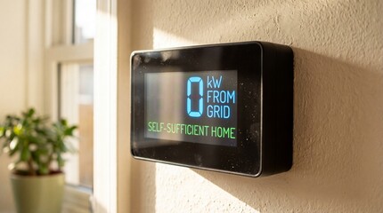 Smart Home Energy Monitor Showing Zero Grid Power Usage on Wall Display