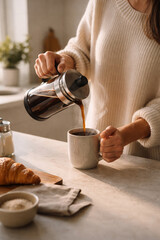 Fresh Coffee Being Poured in a Cozy Sunlit Kitchen. Slow Morning Ritual.