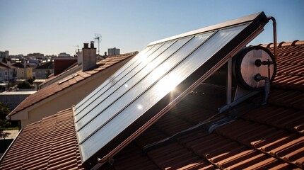 Solar thermal panel with storage tank on a residential roof for renewable energy
