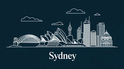 Naklejka premium A minimalist line art illustration of Sydney, Australia's skyline against a dark teal background