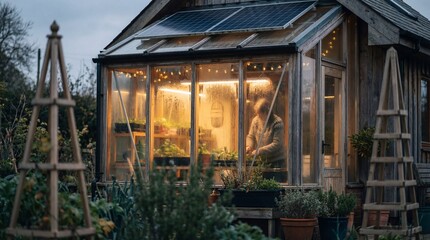 Sustainable wooden greenhouse with solar panels and a person gardening at dusk