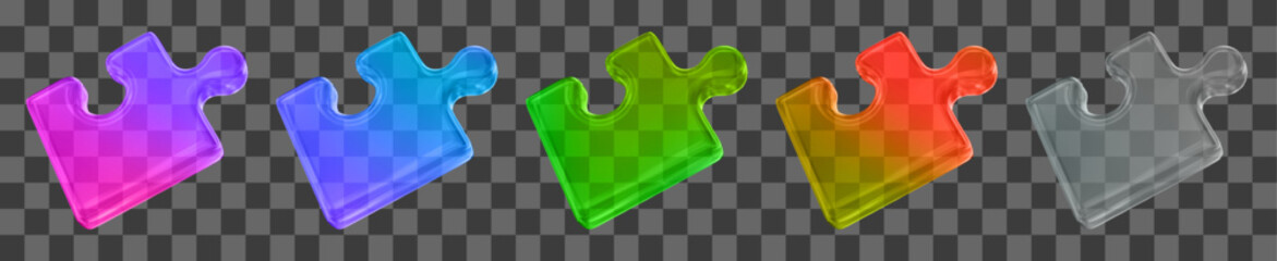 3d set neon glass transparent jigsaw puzzle piece. Stock vector illustration on isolated background.	