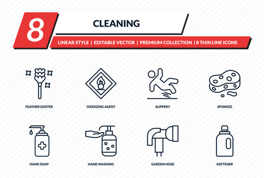 cleaning icons set - feather duster, oxidizing agent, slippery, sponges, softener outline vector collection.