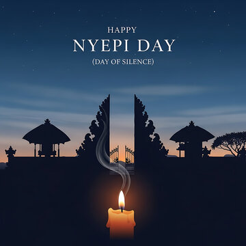 Happy Nyepi Day (Day of Silence) - Candle in front of Balinese Gate at Dusk