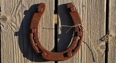 Rusty Horseshoe Hanging on Wooden Wall for Good Luck.