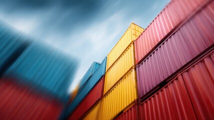 Fototapeta premium Colorful shipping cargo containers stacked at commercial harbor, international logistics and export transportation background