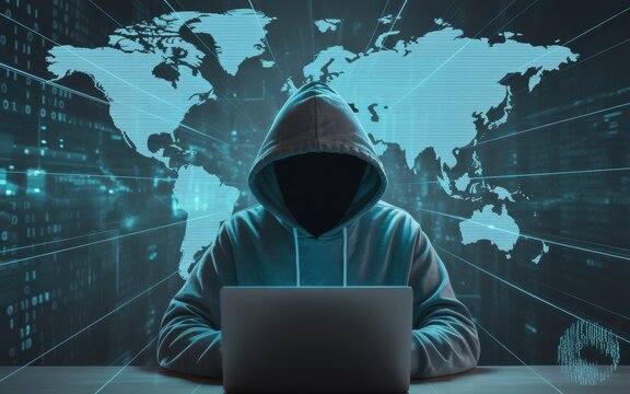 Hacker in hoodie working on laptop with world map background - Powered by Adobe
