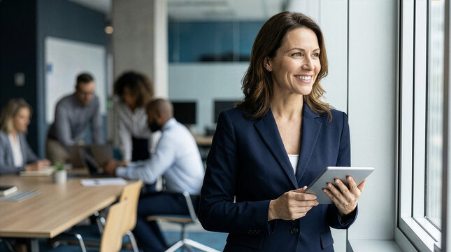 Medium shot of a smiling professional woman in a blue suit holding a digital tablet and looking out a large window. A busy corporate team works in the background. Concept of leadership and future