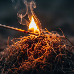 Matchstick Flame Igniting Dry Tinder for Campfire or Survival Fire
