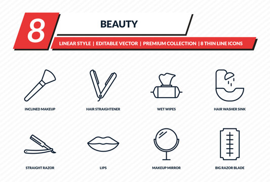 beauty icons set - inclined makeup brush, hair straightener, wet wipes, hair washer sink, big razor blade outline vector collection.