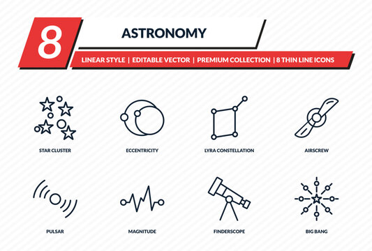 astronomy icons set - star cluster, eccentricity, lyra constellation, airscrew, big bang outline vector collection.