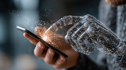 Person holding smartphone with AI displayed on screen, engaging with technology in modern indoor environment during nighttime hours