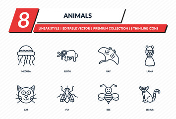 animals icons set - medusa, sloth, ray, lama, lemur outline vector collection. © IconArt