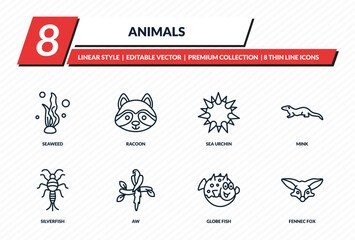 animals icons set - seaweed, racoon, sea urchin, mink, fennec fox outline vector collection.