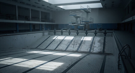 Abandoned Indoor Swimming Pool with Diving Boards