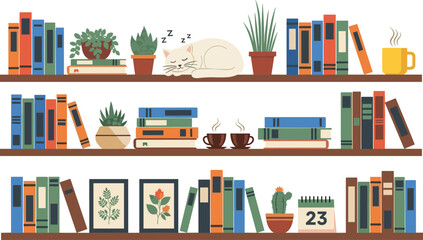 Cozy bookshelf scene with sleeping cat, steaming coffee, books, plants, and framed art, perfect for home decor, reading, and relaxation themes. © Rasidul
