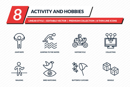 activity and hobbies icons set - jump rope, jumping to the water, motorcycle, collecting, boggle outline vector collection.
