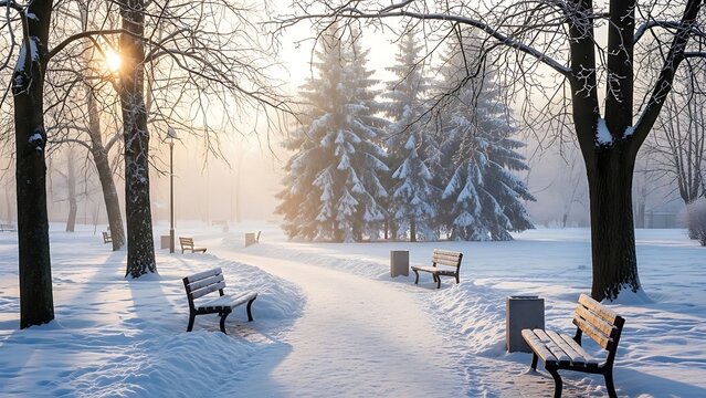 Snowy park path with benches and trees at sunrise or sunset serene winter landscape with snow covered ground and evergreen trees - Powered by Adobe