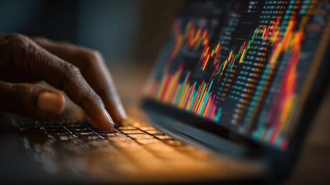 Business professional works on laptop at night with blurred city lights in background showing data analysis on screen - Powered by Adobe