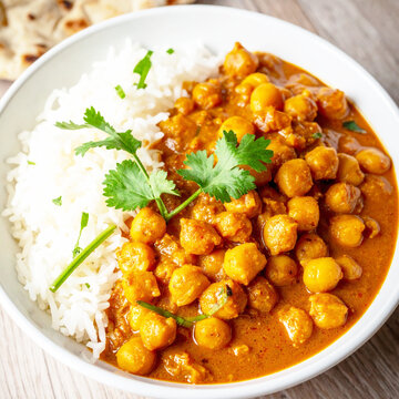 Bowl of chickpea curry with rice and naan bread, closeup. AI
