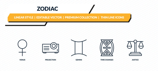 zodiac icons set - venus, projection, gemini, time changes, justice outline vector collection. © IconArt