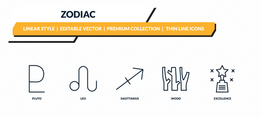 zodiac icons set - pluto, leo, sagittarius, wood, excellence outline vector collection. © IconArt