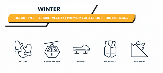 winter icons set - mittens, cable car cabin, bobsled, anorak vest, avalanche outline vector collection. © IconArt