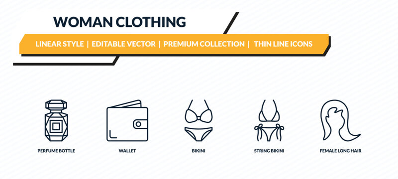 woman clothing icons set - perfume bottle, wallet, bikini, string bikini, female long hair outline vector collection.