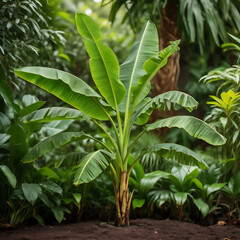 Obraz premium Young banana plant with large green leaves isolated on a transparent background tropical