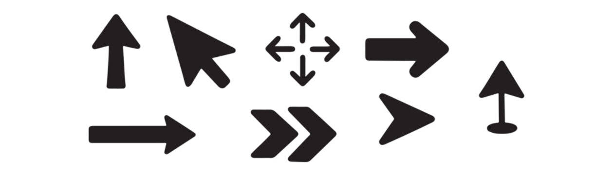 Arrow icon set. Arrow. Cursor. Black vector arrows icons. Modern simple arrows. Black arrow pointing to the right. Black direction pointer. Vector illustration. 