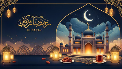 Ramadan mubarak greeting card with mosque golden calligraphy lanterns dates tea black sky