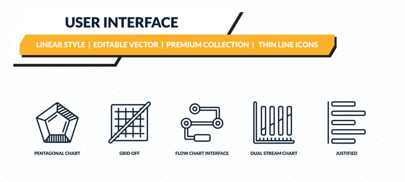 user interface icons set - pentagonal chart, grid off, flow chart interface, dual stream chart, justified outline vector collection.