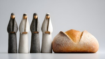 Refined composition showcasing solemn pilgrim figures with a perfectly shaped bread loaf set against a minimalist white background, emphasizing clarity and timeless cultural narratives.