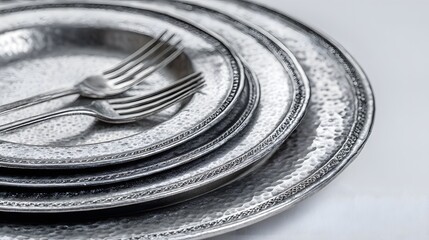Intricate Study of Colonial-Era Pewter Dinnerware Exhibiting Natural Patina and Meticulously Handcrafted Hammering Effects with Clear Emphasis on Maker Engravings