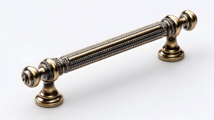 Photorealistic Retro-Inspired Brass and Bronze Drawer Pull Handle Showcasing Precise Decorative Ridged Edges and Securely Fastened Screws on a Pristine White Background