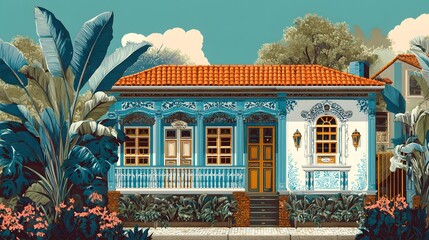 Meticulous Vector Artwork of a Colombian Traditional House with Rustic Colonial Architecture and Lush Tropical Surroundings.