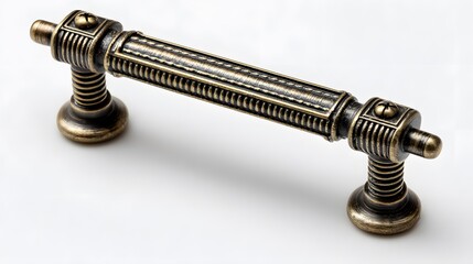 Highly Detailed Vintage Brass Bronze Rectangular Drawer Pull Handle with Decorative Ridged Edges and Screws on White Isolated Background