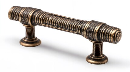 Highly Detailed Vintage Brass Bronze Rectangular Drawer Pull Handle with Decorative Ridged Edges and Screws on White Isolated Background