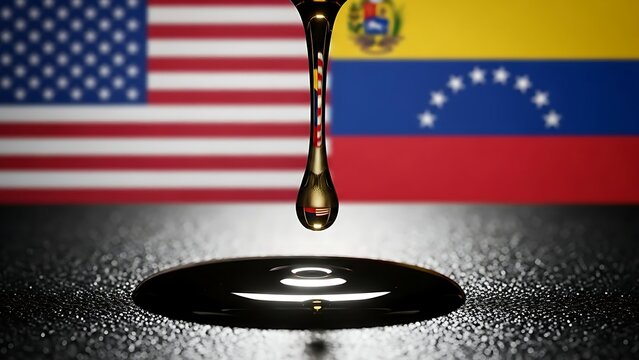 A viscous drop of black crude oil falling between the blurred national flags of United States and Venezuela. - Powered by Adobe