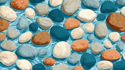 Elegant vector illustration merging seamless pebble stone and river rock textures with round graphic elements, set against a vibrant summer river scene for innovative design projects