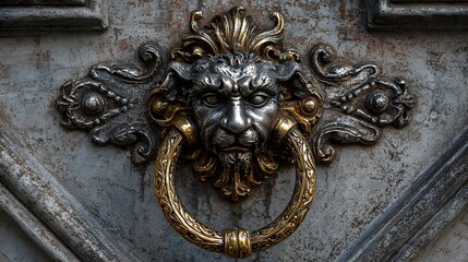 Striking Ornate Door Knocker Ensemble with Distressed Iron, Gleaming Brass, Refined Silver, and Unique Gargoyle Ornamentation Showcasing Architectural Design