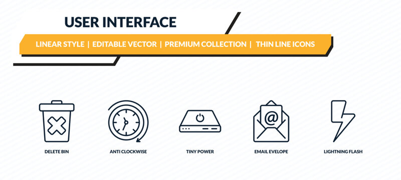 user interface icons set - delete bin, anti clockwise, tiny power, email evelope, lightning flash outline vector collection.