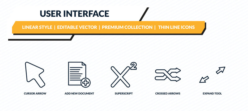 user interface icons set - cursor arrow, add new document, superscript, crossed arrows, expand tool outline vector collection.